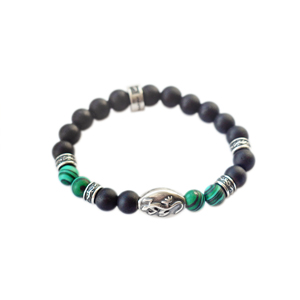 Браслет серебряный, бронза, чернение, шары сделаны из природного агата и малахита. Размер шаров 8 мм.